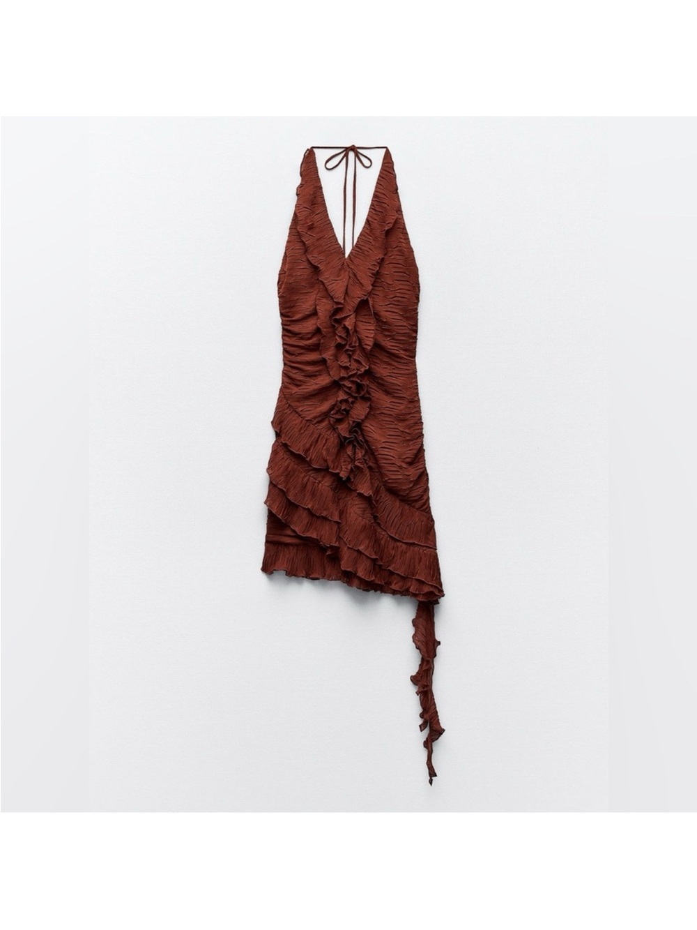 ZARA Ruffled Halter Mini Dress in Chocolate Brown